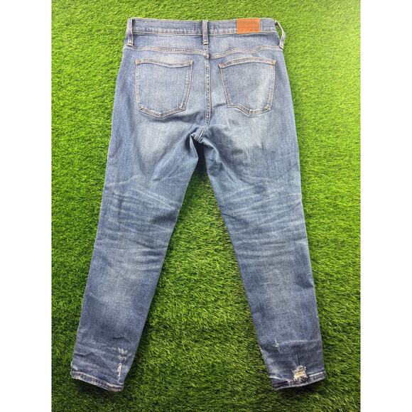 Madewell Womens Slim Straight Jeans Button Fly Lt Blue Wash Sz 32 Distressed Hem - Picture 2 of 15